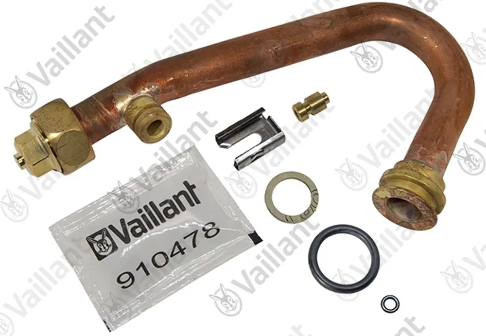 Kupferrohr mit Anschlussstücken und Dichtungen von Vaillant, geeignet für Heizungs- oder Sanitärinstallationen. Enthält verschiedene Zubehörteile zur Montage.